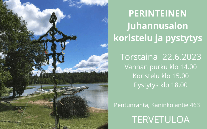 Vartsalan kylän perinteinen juhannussalon koristelu ja pystytys.